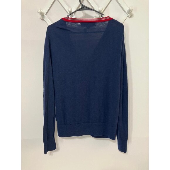 CARDIGAN 100% Merino Wool Men's Cardigan Navy Blue Red Stripe Button Sweater M - Picture 4 of 11